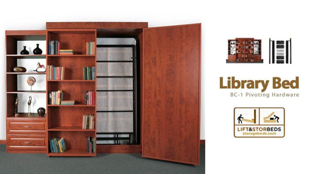 Library bed pivoting hardware for a hidden library bed